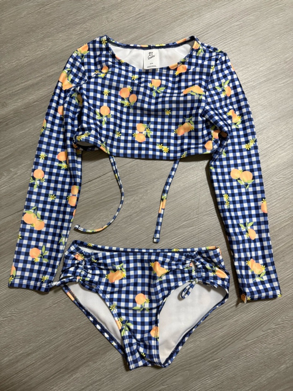 art class Blue Gingham Peach Print Long Sleeve Two-Piece Swim Set